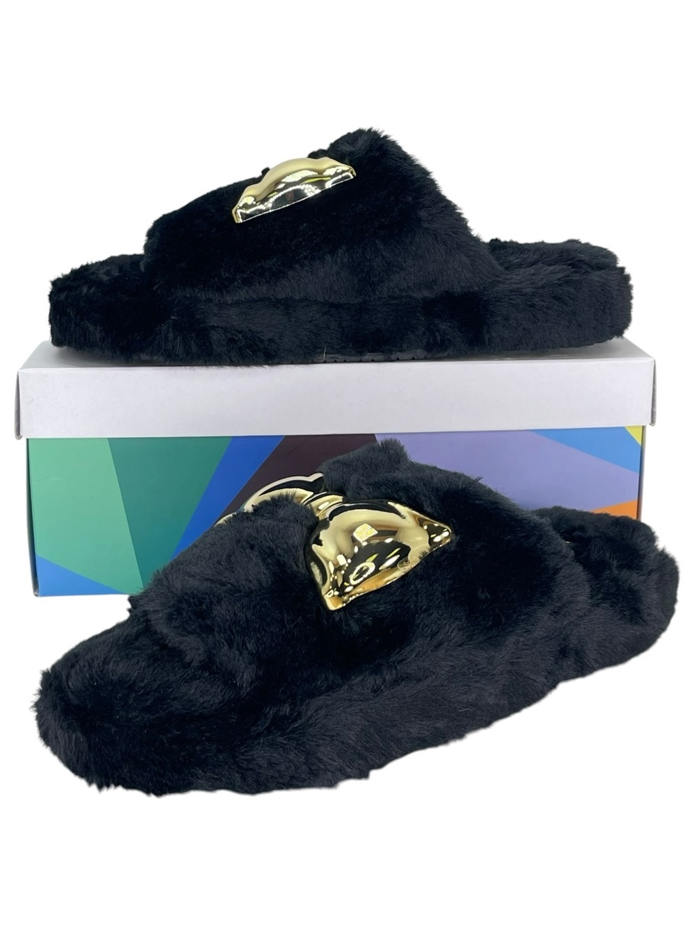 Katy Perry Fuzzy Bow Black Faux Fur Womens Slippers Size 11M